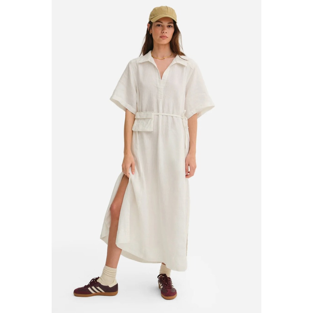 Mate the Label Women's Organic Linen Belt Maxi Dress Large in Salt Relaxed‎ NEW